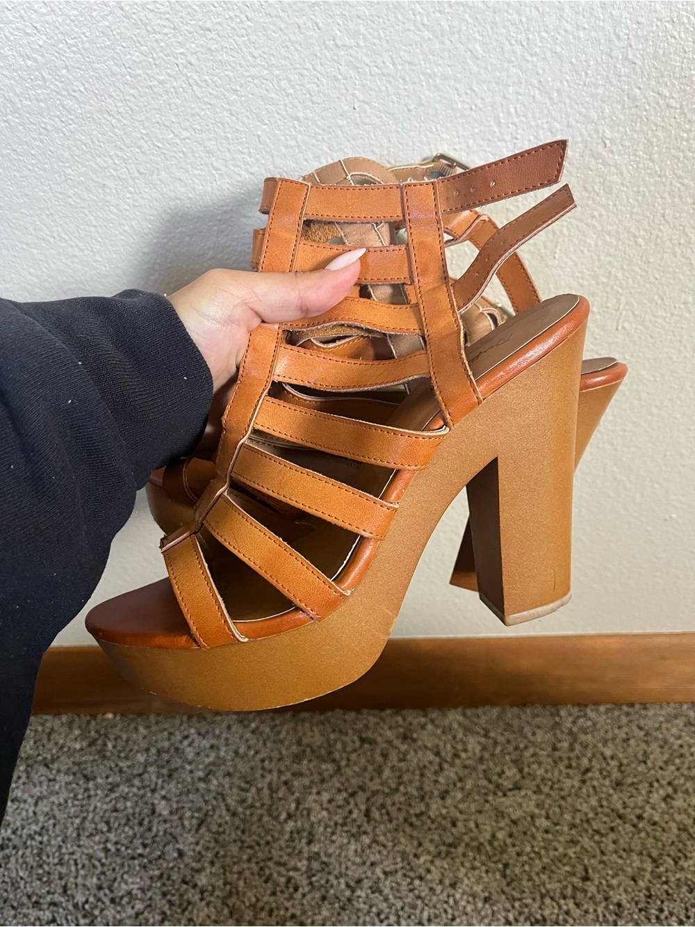 Qupid Tan Strappy Platform Block Heel Sandals